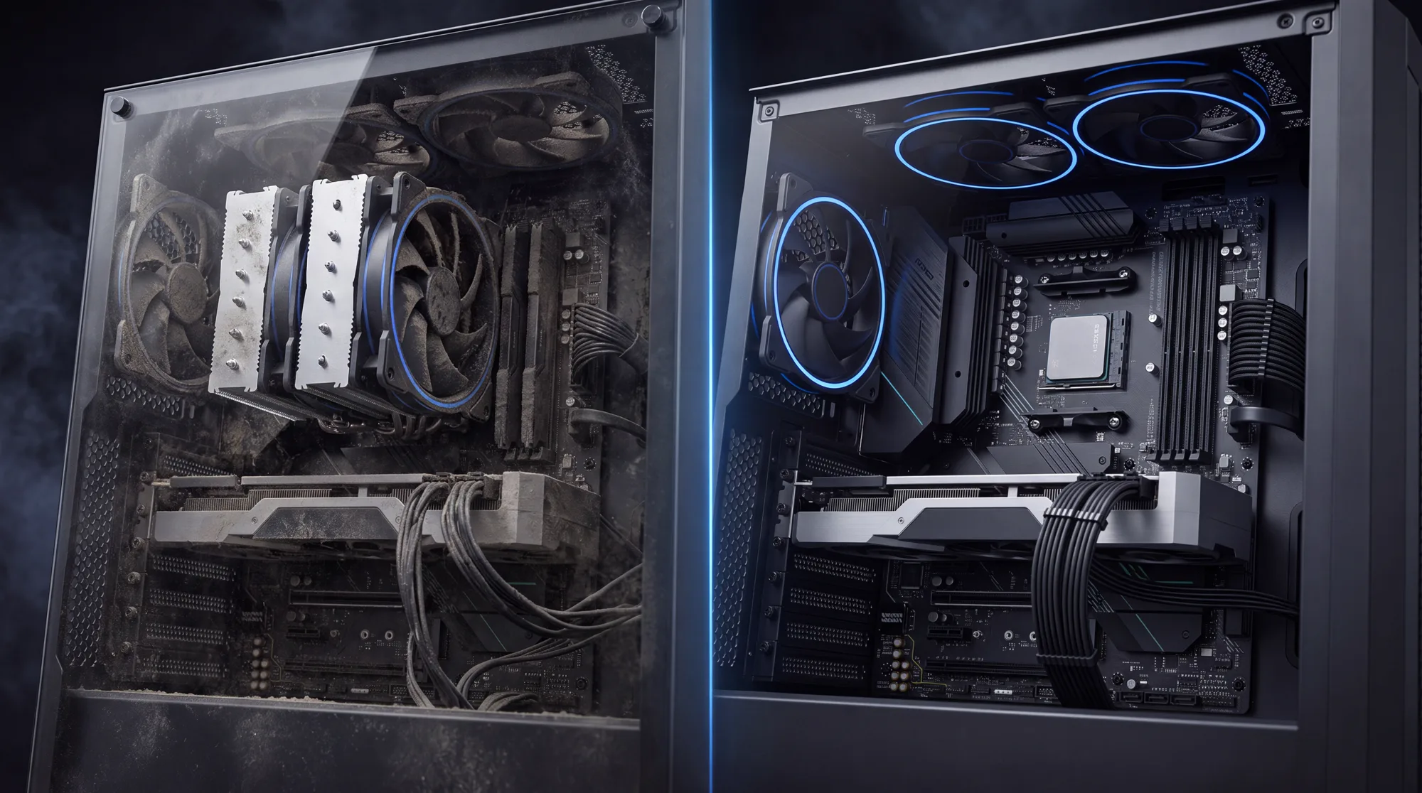 A PC interior shown dusty on one side and spotless on the other.