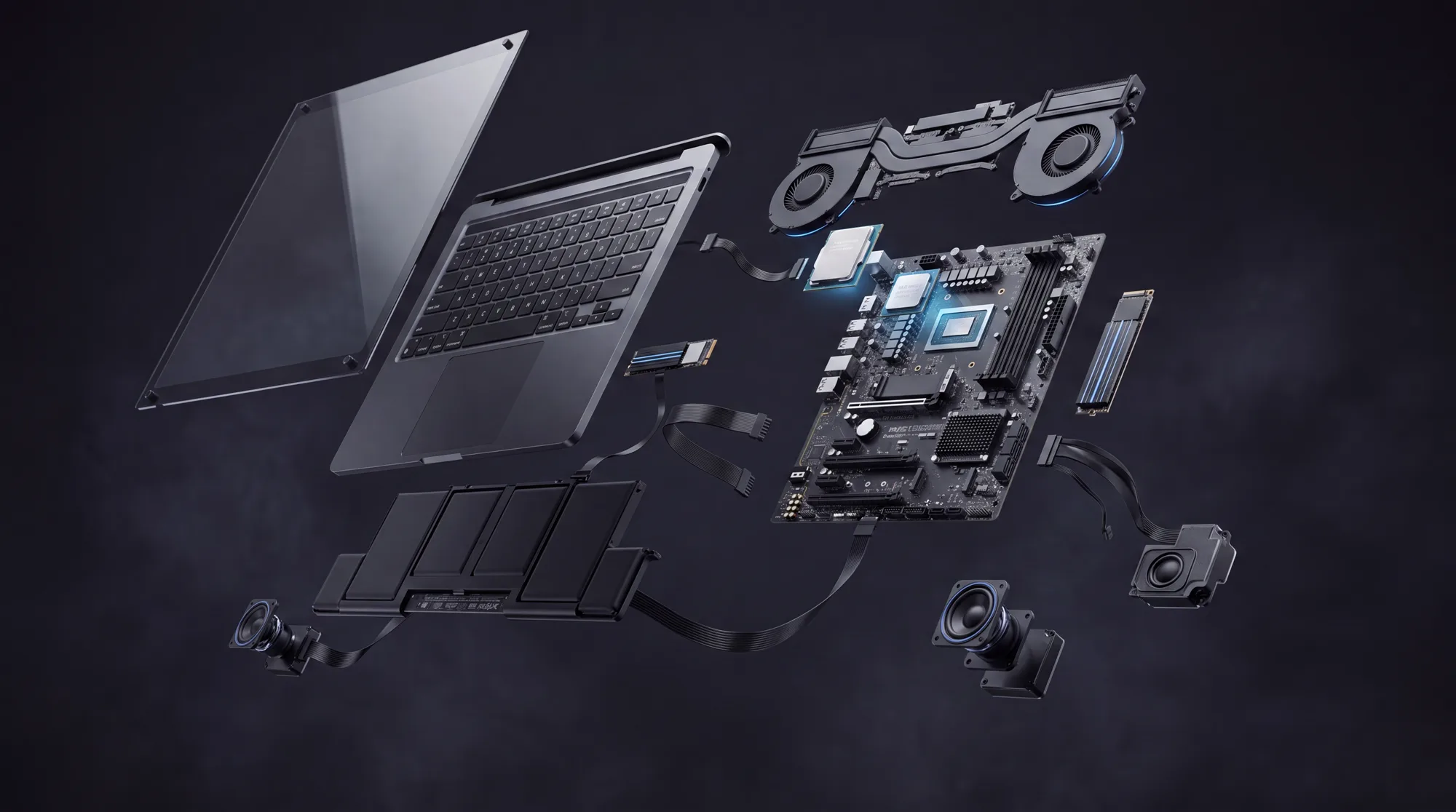 An exploded view of a laptop's components.
